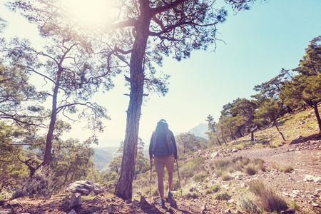 Hiking in famous Lycian Way in the Turkey. Backpacker in the trail.の写真素材