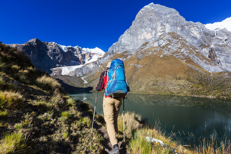 Hiking man with scene in Cordillera mountains, Peruの写真素材