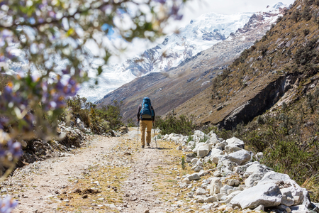 Hiking scene in Cordillera mountains, Peruの写真素材
