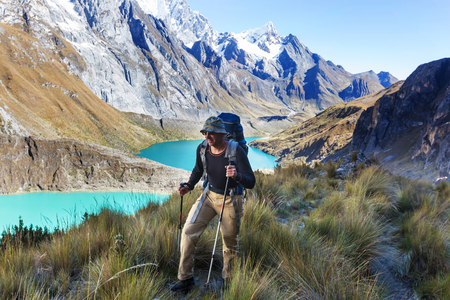 Hiking scene in Cordillera mountains, Peruの写真素材