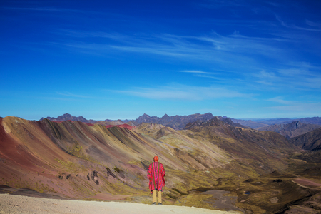 Hiking scene in Vinicunca, Cusco Region, Peru. Montana de Siete Colores,  Rainbow Mountain.の写真素材
