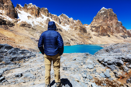 Hiking scene in Cordillera mountains, Peruの写真素材