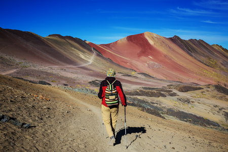 Hiking scene in Vinicunca, Cusco Region, Peru. Montana de Siete Colores,  Rainbow Mountain.の写真素材