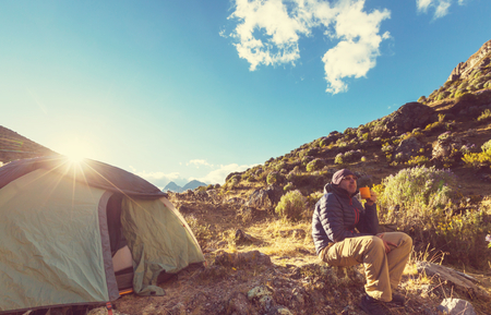 Hiking scene in Cordillera mountains, Peruの写真素材