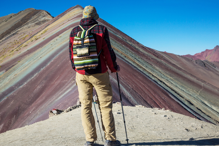 Hiking scene in Vinicunca, Cusco Region, Peru. Montana de Siete Colores,  Rainbow Mountain.の写真素材