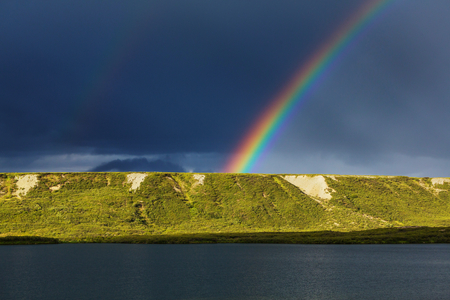 Bright colorful natural rainbow. Good for holiday background.の写真素材