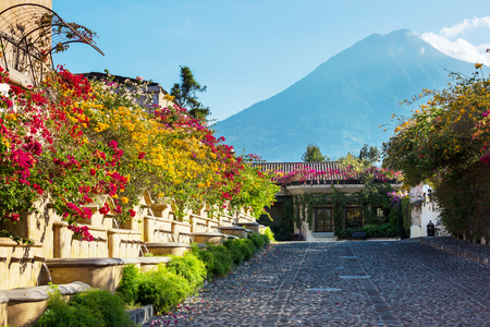 Colonial architecture in ancient Antigua Guatemala city, Central America, Guatemalaの写真素材
