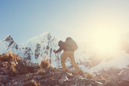 Hiking scene in Cordillera mountains, Peruの写真素材