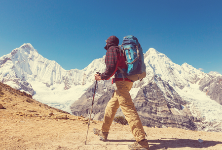 Hiking scene in Cordillera mountains, Peruの写真素材