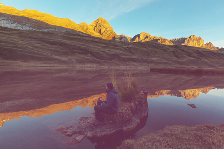 Hiking scene in Cordillera mountains, Peruの写真素材