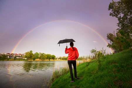 Bright colorful natural rainbow. Good for holiday background.の写真素材