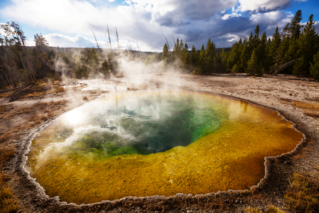 Colorful Morning Glory Pool - famous hot spring in the Yellowstone National Park, Wyoming, USAの写真素材