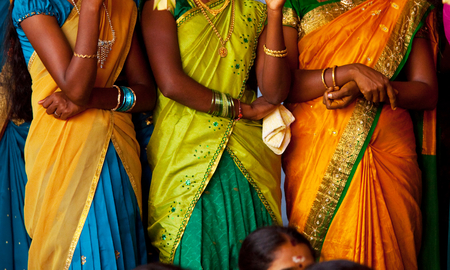 Close up of Colorful traditional fabric texture in Sri Lanka.の写真素材