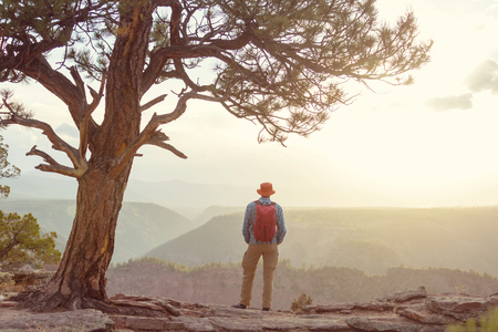 Man on the mountains cliffの写真素材