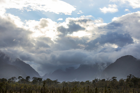 Beautiful mountains landscape along gravel road Carretera Austral in southern Patagonia, Chileの写真素材