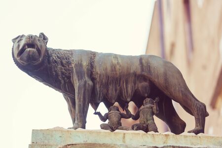 The statue of Capitoline Wolves suckling Romulus and Remus in Rome, Italyの写真素材