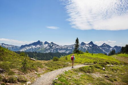 Backpacker in hike in the autumn mountainsの写真素材