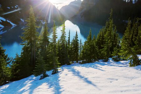 Serenity lake in the mountains in summer season.の写真素材