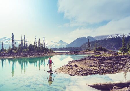 Hike to turquoise waters of picturesque Garibaldi Lake near Whistler, BC, Canada.の写真素材