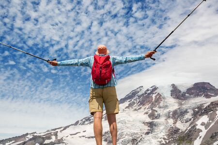 Male in hike in the Mount Rainier National Park, Washington, USAの写真素材