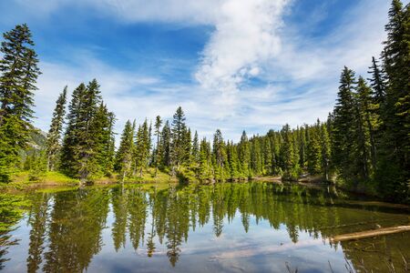 Serenity lake in the mountains in summer season. Beautiful natural landscapes.の写真素材