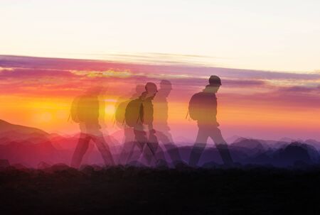 Hiking scene in beautiful summer mountains at sunset. Collage image.