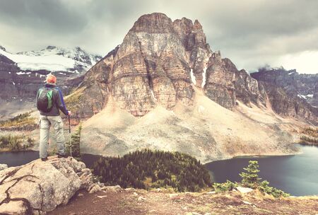 Hiking man in Canadian mountains. Hike is the popular recreation activity in North America. There are a lot of picturesque trails.の写真素材