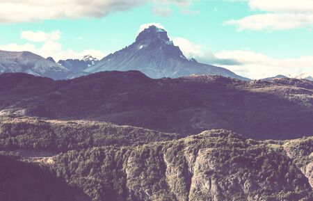 Beautiful mountains landscape along gravel road Carretera Austral in southern Patagonia, Chileの写真素材