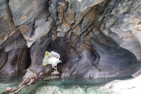 Unusual marble caves on the lake of General Carrera, Patagonia, Chile. Carretera Austral trip.の写真素材