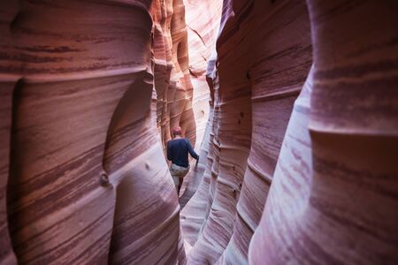 Slot canyon in Grand Staircase Escalante National park, Utah, USA. Unusual colorful sandstone formations in deserts of Utah are popular destination for hikers. Living coral toned.の写真素材