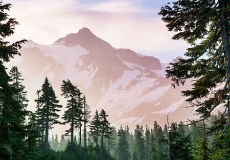 Man looking on Beautiful peak Mount Shuksan in Washington, USA