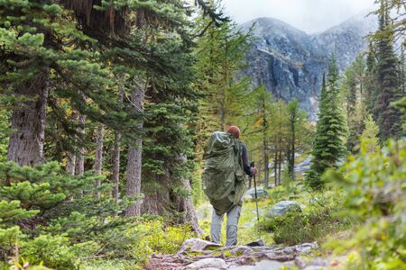 Hiking man in Canadian mountains. Hike is the popular recreation activity in North America. There...