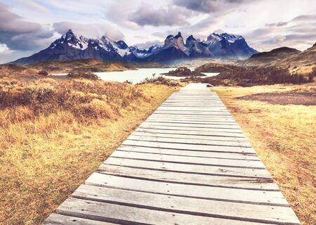 Beautiful mountain landscapes in Torres Del Paine National Park, Chile. World famous hiking region.の写真素材