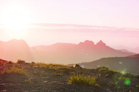 Scenic Sunset in the mountains. Autumn season.の写真素材