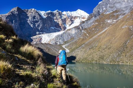 Hiking scene in Cordillera mountains, Peruの写真素材