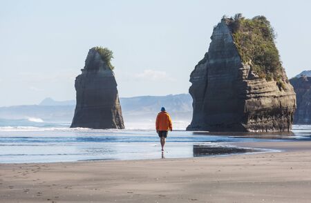 Beautiful Sunset at the Ocean Beach, New Zealand. Inspiring natural and travel background