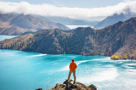 Amazing natural landscapes in New Zealand. Mountains lake at sunset.の写真素材