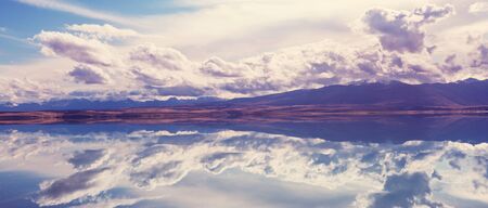 Amazing natural landscapes in New Zealand. Mountains lake at sunset.の写真素材
