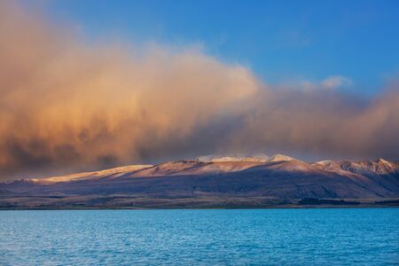 Amazing natural landscapes in New Zealand. Mountains lake at sunset.の写真素材