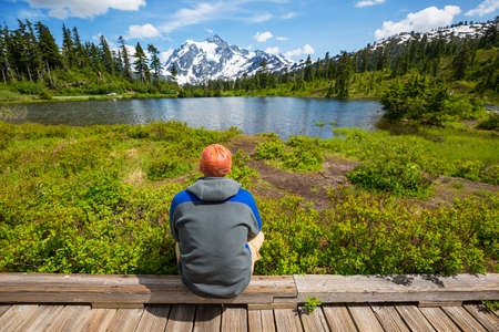 Scenic Picture lake with mount Shuksan reflection in Washington, USAの写真素材