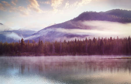 Serene beautiful lake in morning mountains, Oregon, USA.の写真素材