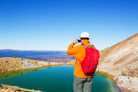Unusual volcanic landscapes on Tongariro Crossing track, Tongariro National Park, New Zealand. Wanderlust conceptの写真素材