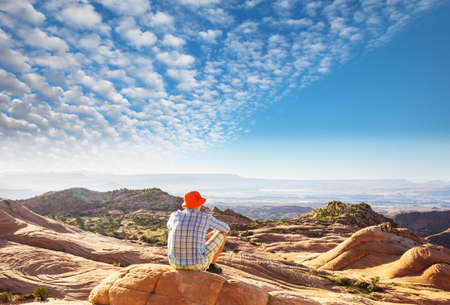 Hike in the Utah mountains. Hiking in unusual natural landscapes. Fantastic forms sandstone...