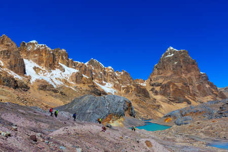 Hiking scene in Cordillera mountains, Peruの写真素材