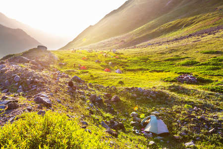 Hiking tent in the mountains in summer seasonの写真素材