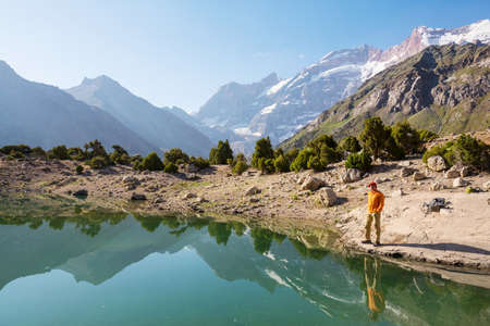 Beautiful serene lake in  Fanns mountains (branch of Pamir) in Tajikistan.の写真素材