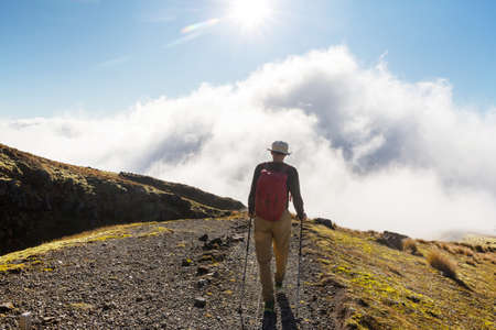 Backpacker in a hike in the summer mountains