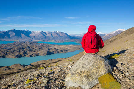 Hiker in Perito Moreno National Park, Patagonia, Argentinaの写真素材
