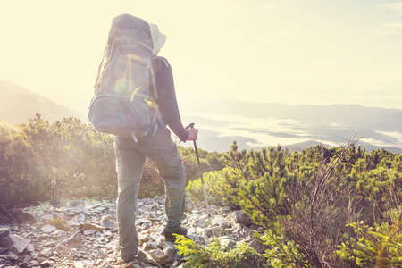 Backpacker in a hike in the summer mountainsの写真素材
