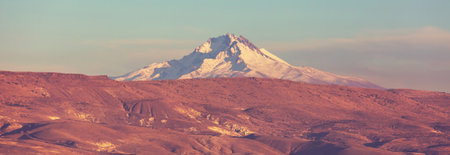 Snow covered peak of Mt.Erciyes view from Cappadocia, Goreme, Turkey